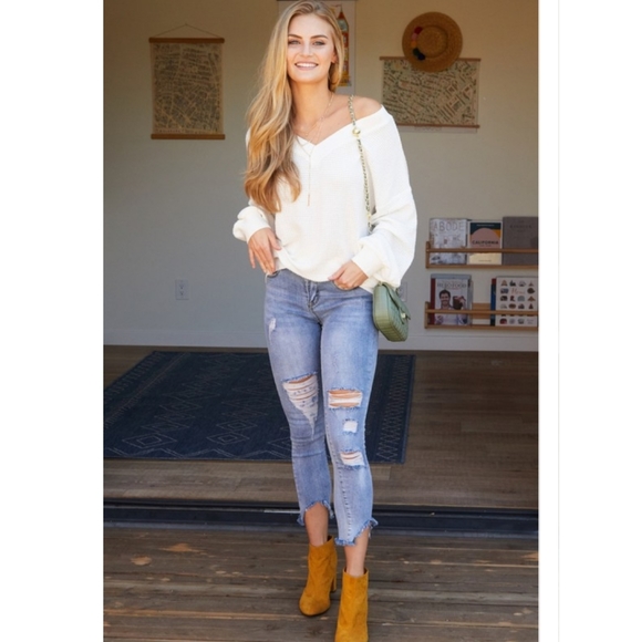 Oversize V Neck Thermal Long Sleeve Knit Top - Picture 2 of 6